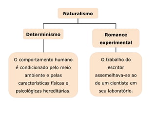 Naturalismo
O trabalho do
escritor
assemelhava-se ao
de um cientista em
seu laboratório.
O comportamento humano
é condicionado pelo meio
ambiente e pelas
características físicas e
psicológicas hereditárias.
Determinismo Romance
experimental
Capítulo 22 – O Realismo e o Naturalismo em Portugal
Mapa 3
 