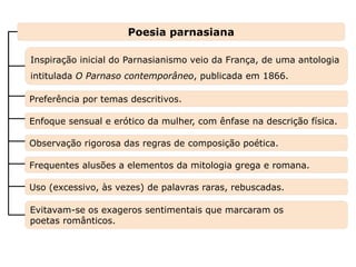 Frequentes alusões a elementos da mitologia grega e romana.
Observação rigorosa das regras de composição poética.
Poesia parnasiana
Inspiração inicial do Parnasianismo veio da França, de uma antologia
intitulada O Parnaso contemporâneo, publicada em 1866.
Capítulo 26 – A poesia no final do século XIX –
Parnasianismo e Simbolismo
Mapa 1
Preferência por temas descritivos.
Enfoque sensual e erótico da mulher, com ênfase na descrição física.
Uso (excessivo, às vezes) de palavras raras, rebuscadas.
Evitavam-se os exageros sentimentais que marcaram os
poetas românticos.
 