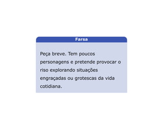 Peça breve. Tem poucos
personagens e pretende provocar o
riso explorando situações
engraçadas ou grotescas da vida
cotidiana.
LITERATURA BRASILEIRA
E PORTUGUESA
Farsa
Capítulo 4 – Gêneros literários (III) – Dramático
Mapa 2
 