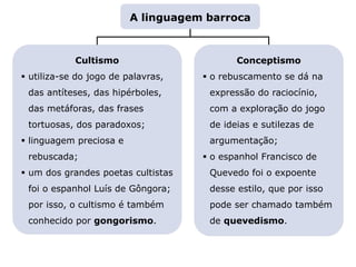 Conceptismo
 o rebuscamento se dá na
expressão do raciocínio,
com a exploração do jogo
de ideias e sutilezas de
argumentação;
 o espanhol Francisco de
Quevedo foi o expoente
desse estilo, que por isso
pode ser chamado também
de quevedismo.
Capítulo 13 – O Barroco
Mapa 2
Cultismo
 utiliza-se do jogo de palavras,
das antíteses, das hipérboles,
das metáforas, das frases
tortuosas, dos paradoxos;
 linguagem preciosa e
rebuscada;
 um dos grandes poetas cultistas
foi o espanhol Luís de Gôngora;
por isso, o cultismo é também
conhecido por gongorismo.
A linguagem barroca
 