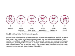Fig. 29–3. Wong-Baker FACES pain rating scale.
Explain to the patient that the first face represents a person who feels happy because he or she
has no pain, and that the other faces represent people who feel sad because they have pain,
ranging from a little to a lot. Explain that face 10 represents a person who hurts as much as you
can imagine, but that you don’t have to be crying to feel this bad. Ask the patient to choose the
face that best reflects how he or she is feeling. The numbers below the faces correspond to the
values in the numeric pain scale shown in Figure 29–2.
 