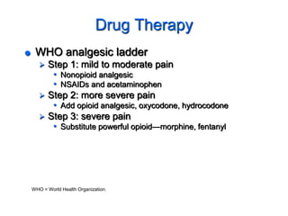 Drug Therapy
 WHO analgesic ladder
 Step 1: mild to moderate pain
• Nonopioid analgesic
• NSAIDs and acetaminophen
 Step 2: more severe pain
• Add opioid analgesic, oxycodone, hydrocodone
 Step 3: severe pain
• Substitute powerful opioid—morphine, fentanyl
WHO = World Health Organization.
 