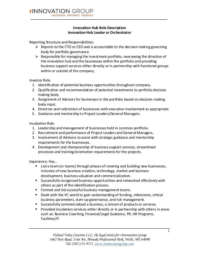 Innovation Hub Leader or Orchestrator Role Description