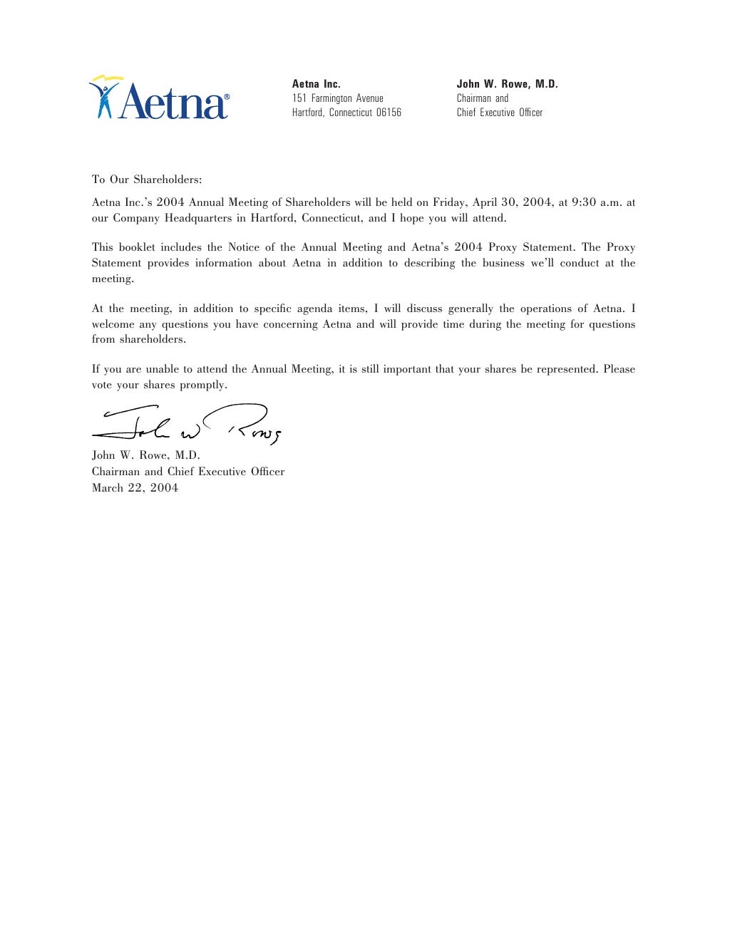aetna Download Documentation 2004 Notice of Annual Meeting and Proxy