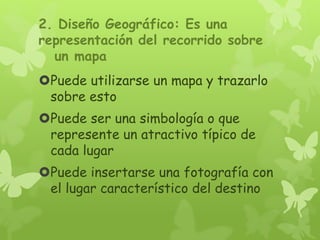 2. Diseño Geográfico: Es una
representación del recorrido sobre
un mapa
Puede utilizarse un mapa y trazarlo
sobre esto
Puede ser una simbología o que
represente un atractivo típico de
cada lugar
Puede insertarse una fotografía con
el lugar característico del destino
 