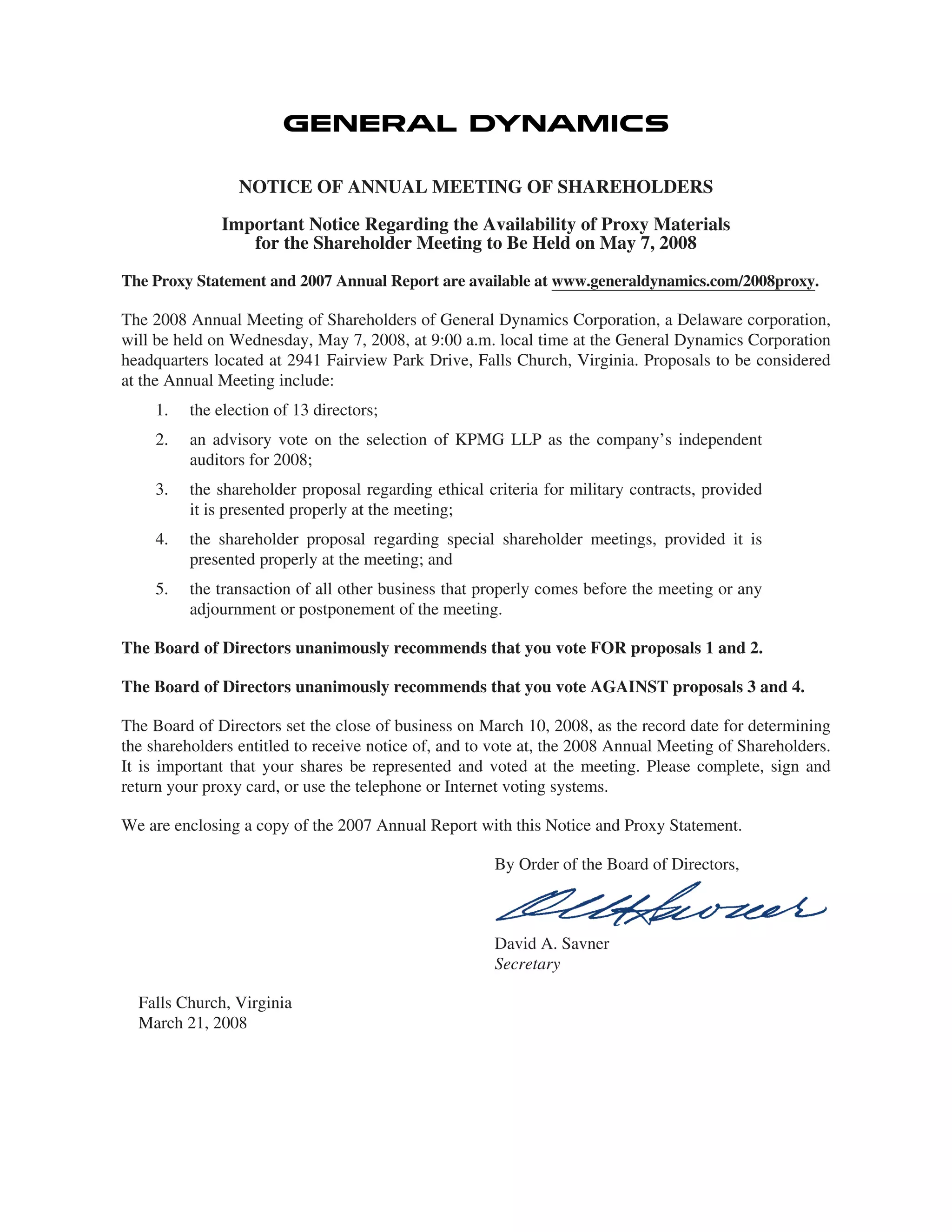 general dynamics 2008 Proxy Statement