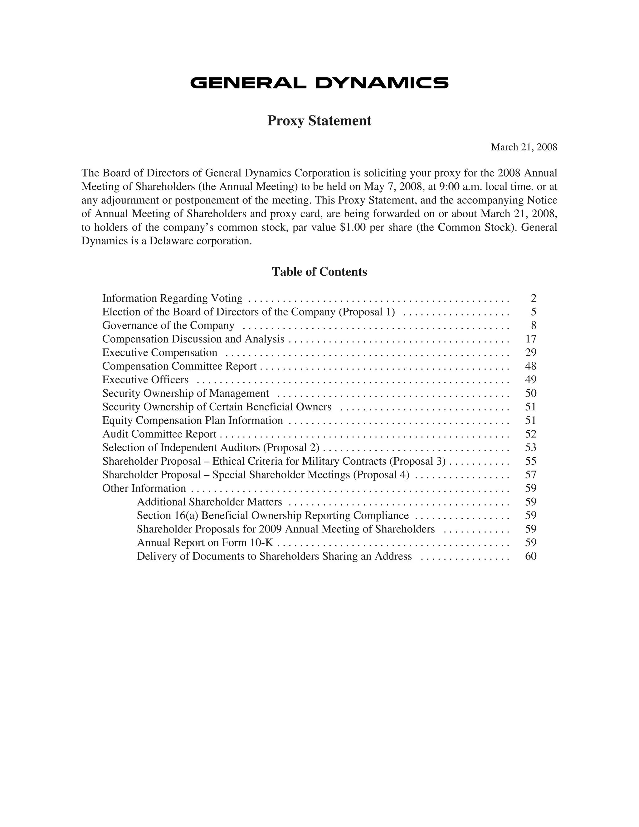 general dynamics 2008 Proxy Statement