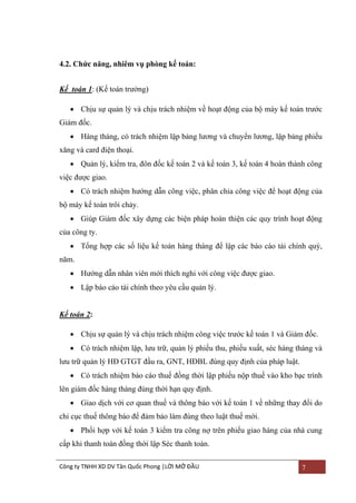 4.2. Chức năng, nhiêm vụ phòng kế toán:
Kế toán 1: (Kế toán trƣởng)
 Chịu sự quản lý và chịu trách nhiệm về hoạt động của bộ máy kế toán trƣớc
Giám đốc.
 Hàng tháng, có trách nhiệm lập bảng lƣơng và chuyển lƣơng, lập bảng phiếu
xăng và card điện thoại.
 Quản lý, kiểm tra, đôn đốc kế toán 2 và kế toán 3, kế toán 4 hoàn thành công
việc đƣợc giao.
 Có trách nhiệm hƣớng dẫn công việc, phân chia công việc để hoạt động của
bộ máy kế toán trôi chảy.
 Giúp Giám đốc xây dựng các biện pháp hoàn thiện các quy trình hoạt động
của công ty.
 Tổng hợp các số liệu kế toán hàng tháng để lập các báo cáo tài chính quý,
năm.
 Hƣớng dẫn nhân viên mới thích nghi với công việc đƣợc giao.
 Lập báo cáo tài chính theo yêu cầu quản lý.

Kế toán 2:
 Chịu sự quản lý và chịu trách nhiệm công việc trƣớc kế toán 1 và Giám đốc.
 Có trách nhiệm lập, lƣu trữ, quản lý phiếu thu, phiếu xuất, séc hàng tháng và
lƣu trữ quản lý HĐ GTGT đầu ra, GNT, HĐBL đúng quy định của pháp luật.
 Có trách nhiệm báo cáo thuế đồng thời lập phiếu nộp thuế vào kho bạc trình
lên giám đốc hàng tháng đúng thời hạn quy định.
 Giao dịch với cơ quan thuế và thông báo với kế toán 1 về những thay đổi do
chi cục thuế thông báo để đảm bảo làm đúng theo luật thuế mới.
 Phối hợp với kế toán 3 kiểm tra công nợ trên phiếu giao hàng của nhà cung
cấp khi thanh toán đồng thời lập Séc thanh toán.
Công ty TNHH XD DV Tân Quốc Phong |LỜI MỞ ĐẦU

7

 