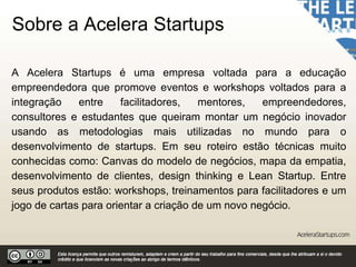 Sobre a Acelera Startups
A Acelera Startups é uma empresa voltada para a educação
empreendedora que promove eventos e workshops voltados para a
integração entre facilitadores, mentores, empreendedores,
consultores e estudantes que queiram montar um negócio inovador
usando as metodologias mais utilizadas no mundo para o
desenvolvimento de startups. Em seu roteiro estão técnicas muito
conhecidas como: Canvas do modelo de negócios, mapa da empatia,
desenvolvimento de clientes, design thinking e Lean Startup. Entre
seus produtos estão: workshops, treinamentos para facilitadores e um
jogo de cartas para orientar a criação de um novo negócio.
 