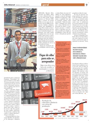 geral

APROVADO: Ricardo se formou a distância no ensino médio e hoje faz MBA em
Gestão Pública on-line. Na foto, o estudante participa de curso em Harvard, nos EUA

investimento para a criação da
Fundação Universidade Virtual do Estado de São Paulo
(Univesp), que poderá começar
a operar já no ano que vem. O
acesso à informação aumenta,
mas isso significa mais mão de
obra qualificada?
Para a educadora Betina
Von Staa, palestrante da Educar Educador 2012, a resposta
é sim. “Um programa bem feito e organizado pode fazer com
que o ensino a distância seja tão
ou mais eficaz que o presencial.
Não é dar o conteúdo e passar
a prova. Existem ferramentas
em que dá para acompanhar
passo a passo o aluno, verificar
se visitou o espaço, e ainda registrar tudo o que o aluno vê,
lê, escreve e fala. Fica guardado para análises minuciosas.
No presencial, o professor não
conhece os alunos silenciosos”,
destaca a educadora.
O atual presidente da Associação Brasileira dos Estudantes de Educação a Distância

(ABE-EAD), Ricardo Holz,
concorda com Betina. Aluno
de curso a distância desde o 2º
ano do ensino médio, quando
ingressou no Telecurso 2000,
Holz se formou em Gestão
Pública em um curso não presencial e hoje faz MBA na mesma área, também a distância.
“Prefiro pela flexibilidade de
tempo. Posso estudar no ritmo e
condições que preciso, mas tem
que ter mais determinação e organização. Você pode estudar
a qualquer hora, mas tem que
assistir à aula, acessar o conteúdo, ler livros, procurar tutores e
professores para tirar dúvidas”,
avisa Holz, que foi até a Universidade de Harvard, nos Estados
Unidos, participar de curso sobre desafios do ensino.
Apesar do crescimento dessa modalidade, ainda há muito

9
a evoluir. Diante dos mais de 2
milhões de cursos disponíveis,
segundo o censo da Associação
Brasileira de Educação a Distância, a qualidade desse tipo
de formação continua sendo
questionada. “Ainda tem muito
aluno e instituição que acham
que o curso é fácil por não ser
presencial. Os alunos e os professores precisam se dedicar”,
afirma a educadora, que acredita no modelo para ampliar as
possibilidades a quem não têm
acesso à educação por questões

ARTE: EDI EDSON

ARQUIVO PESSOAL

- DOMINGO, 6 DE MAIO DE 2012

geográficas ou falta de tempo.
Na hora de procurar emprego também existe um pouco de desconfiança, ainda que
isso esteja se tornando menos
comum. “Há ainda uma discussão entre os profissionais
de recursos humanos do quão
eficientes são esses cursos, apesar de sabermos que, no final,
depende mais da dedicação de
cada um”, diz Ricardo Barcelos, executivo da Havik, consultoria de recrutamento e desenvolvimento de profissionais.
Já para Constantino Cavalheiro, diretor da Catho Educação, outra empresa de recrutamento, o preconceito pode ser
quebrado na entrevista. “Nessa

PARA O MINISTÉRIO
DA EDUCAÇÃO,
OS CURSOS A
DISTÂNCIA TÊM O
MESMO VALOR DOS
100% PRESENCIAIS

hora dá para verificar o conhecimento e nem é avaliado se o curso tem 10%, 30% ou 100% de
aulas presenciais. Se o candidato precisa falar inglês, é isso que
importa. Não interessa como
ele aprendeu. O mesmo vale
para conhecimento em finanças
ou qualquer outra área”, atesta
Cavalheiro, em opinião semelhante à da sócia da Acalântis
RH, Fran Winandy. “Pode haver um receio na graduação,
porque o aluno pode não ter a
maturidade necessária, em uma
pós-graduação é mais comum
a mescla de aulas presenciais e
on-line. Mas, se o profissional é
bom no trabalho e tem experiência no mercado, não é algo
que vá fazer diferença.

 