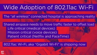 Wide Adoption of 802.11ac Wi-Fi
The ”all wireless” connected hospital is approaching reality
Shared airspace needs to move traffic faster to offset load
 Life critical (medical devices)
 Mission critical (voice devices)
 Patient critical (Netflix and FaceTime)
802.11ac Wi-Fi, aka “Gigabit Wi-Fi” is shipping now
 