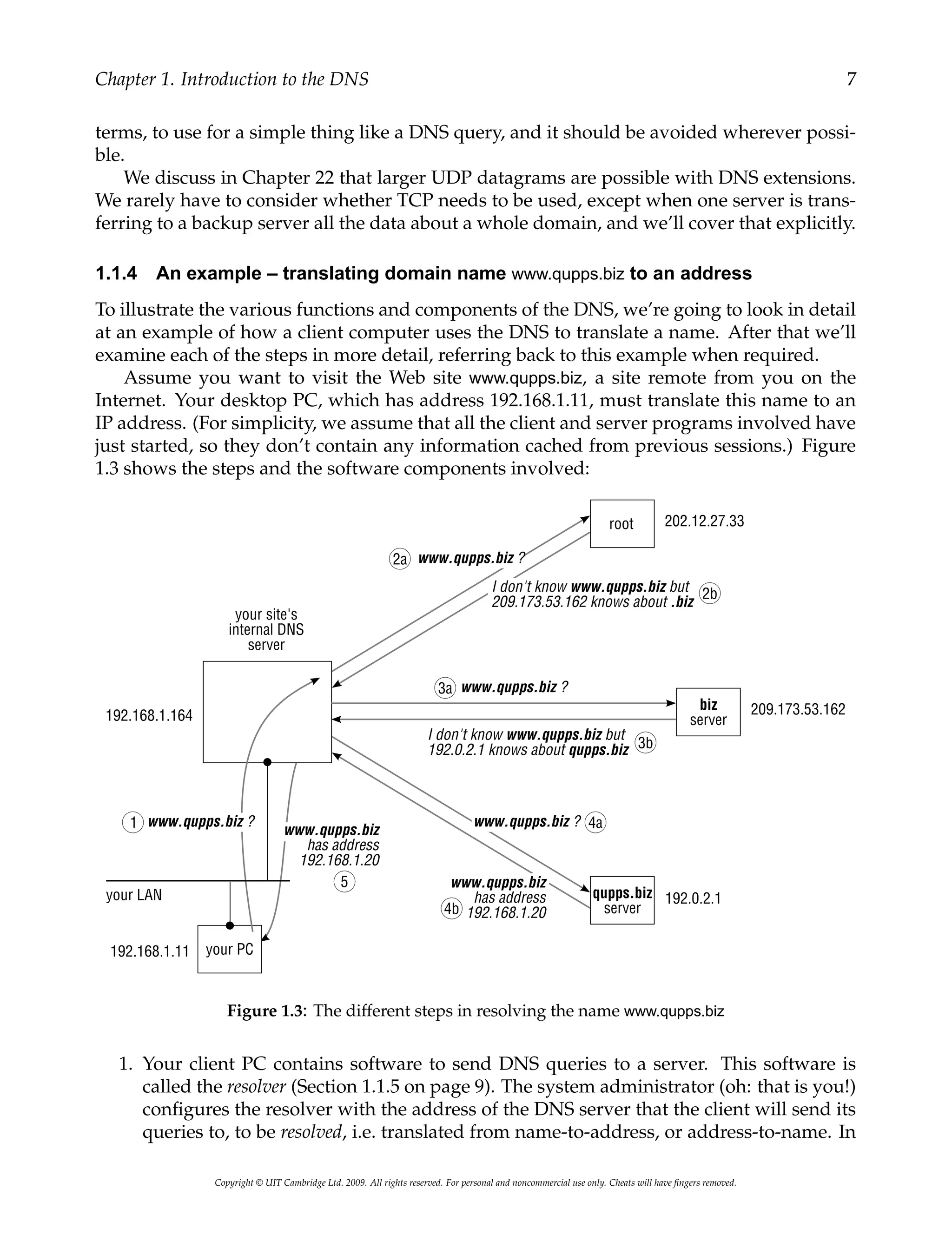 Chapter 1. Introduction to the DNS 7
terms, to use for a simple thing like a DNS query, and it should be avoided wherever possi-
ble.
We discuss in Chapter 22 that larger UDP datagrams are possible with DNS extensions.
We rarely have to consider whether TCP needs to be used, except when one server is trans-
ferring to a backup server all the data about a whole domain, and we’ll cover that explicitly.
1.1.4 An example – translating domain name www.qupps.biz to an address
To illustrate the various functions and components of the DNS, we’re going to look in detail
at an example of how a client computer uses the DNS to translate a name. After that we’ll
examine each of the steps in more detail, referring back to this example when required.
Assume you want to visit the Web site www.qupps.biz, a site remote from you on the
Internet. Your desktop PC, which has address 192.168.1.11, must translate this name to an
IP address. (For simplicity, we assume that all the client and server programs involved have
just started, so they don’t contain any information cached from previous sessions.) Figure
1.3 shows the steps and the software components involved:
Figure 1.3: The different steps in resolving the name www.qupps.biz
1. Your client PC contains software to send DNS queries to a server. This software is
called the resolver (Section 1.1.5 on page 9). The system administrator (oh: that is you!)
configures the resolver with the address of the DNS server that the client will send its
queries to, to be resolved, i.e. translated from name-to-address, or address-to-name. In
Copyright © UIT Cambridge Ltd. 2009. All rights reserved. For personal and noncommercial use only. Cheats will have fingers removed.
 