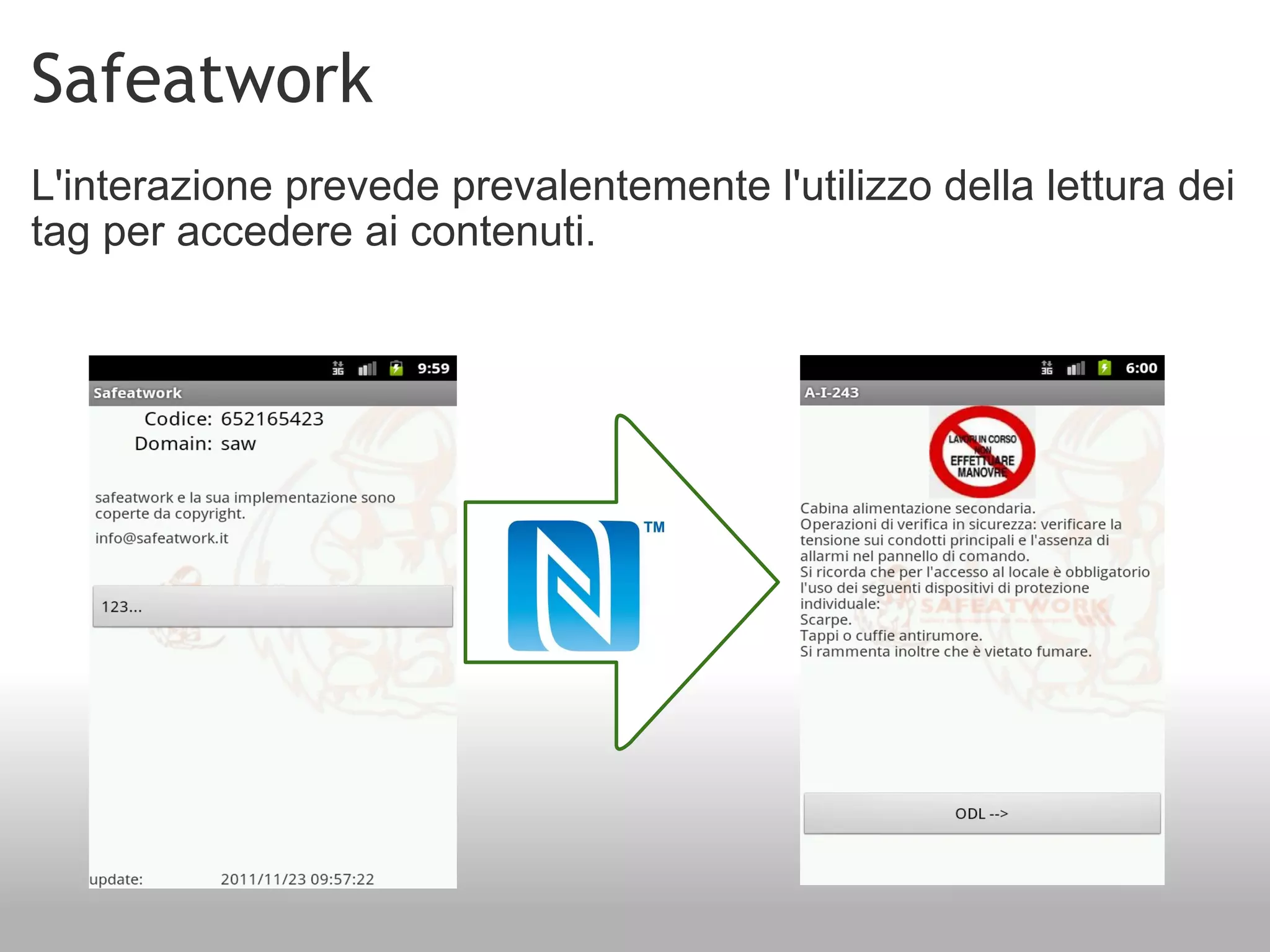 Safeatwork L'interazione prevede prevalentemente l'utilizzo della lettura dei tag per accedere ai contenuti. 