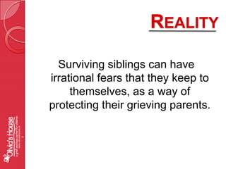 RealitySurviving siblings can have irrational fears that they keep to themselves, as a way of protecting their grieving parents.www.oliviashouse.org