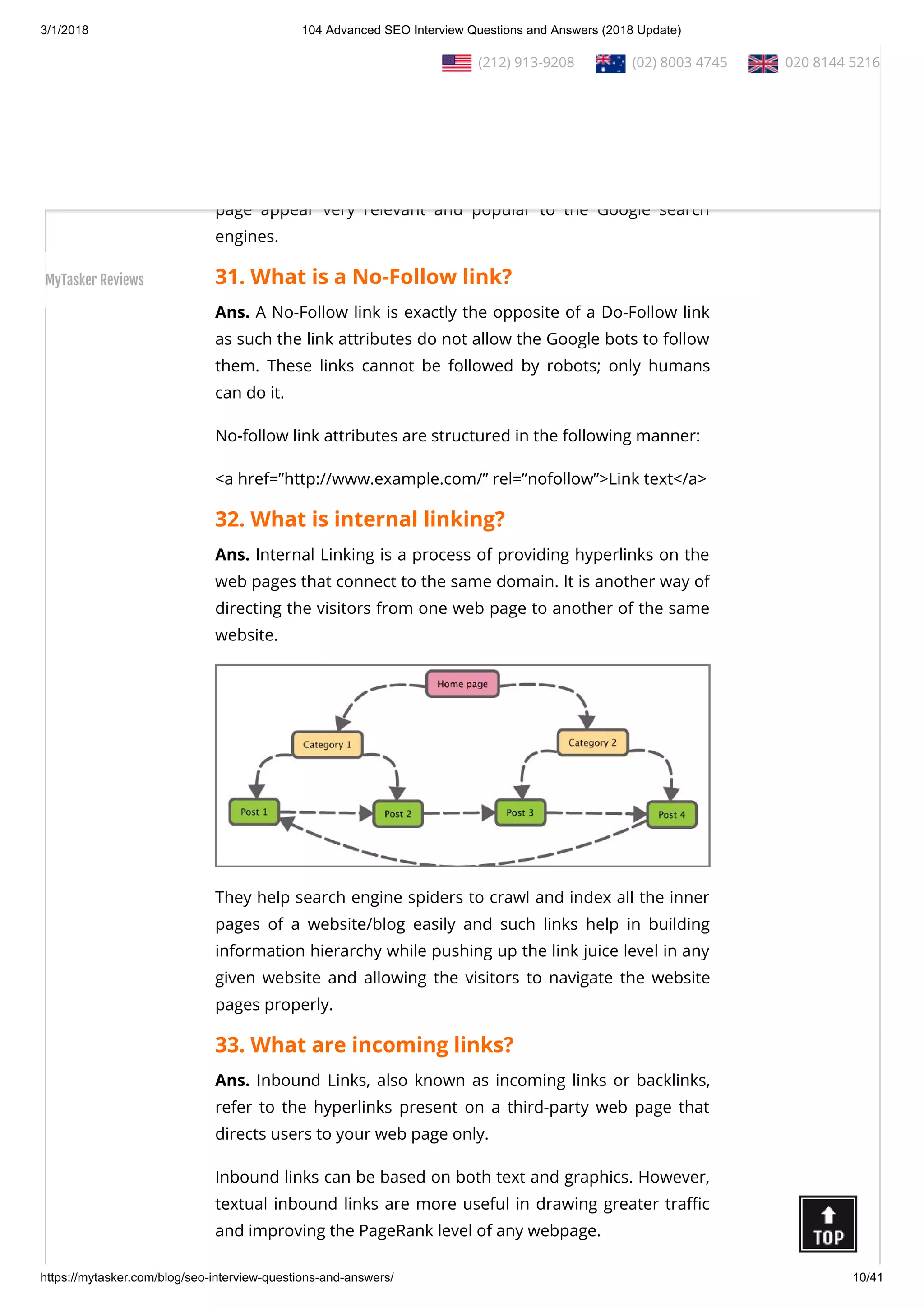3/1/2018 104 Advanced SEO Interview Questions and Answers (2018 Update)
https://mytasker.com/blog/seo-interview-questions-and-answers/ 10/41
Ans. A Do-Follow Link, as the name suggests, allows Google link
calculator called PageRank to count all the inbound links from
other web pages and websites as link points.
The higher the link juice or link points are, the greater would be
the search ranking of that web page, as these links make the web
page appear very relevant and popular to the Google search
engines.
31. What is a No-Follow link?
Ans. A No-Follow link is exactly the opposite of a Do-Follow link
as such the link attributes do not allow the Google bots to follow
them. These links cannot be followed by robots; only humans
can do it.
No-follow link attributes are structured in the following manner:
<a href=”http://www.example.com/” rel=”nofollow”>Link text</a>
32. What is internal linking?
Ans. Internal Linking is a process of providing hyperlinks on the
web pages that connect to the same domain. It is another way of
directing the visitors from one web page to another of the same
website.
They help search engine spiders to crawl and index all the inner
pages of a website/blog easily and such links help in building
information hierarchy while pushing up the link juice level in any
given website and allowing the visitors to navigate the website
pages properly.
33. What are incoming links?
Ans. Inbound Links, also known as incoming links or backlinks,
refer to the hyperlinks present on a third-party web page that
directs users to your web page only.
Inbound links can be based on both text and graphics. However,
textual inbound links are more useful in drawing greater tra c
and improving the PageRank level of any webpage.
  (212) 913-9208   (02) 8003 4745   020 8144 5216
MyTasker Reviews
 