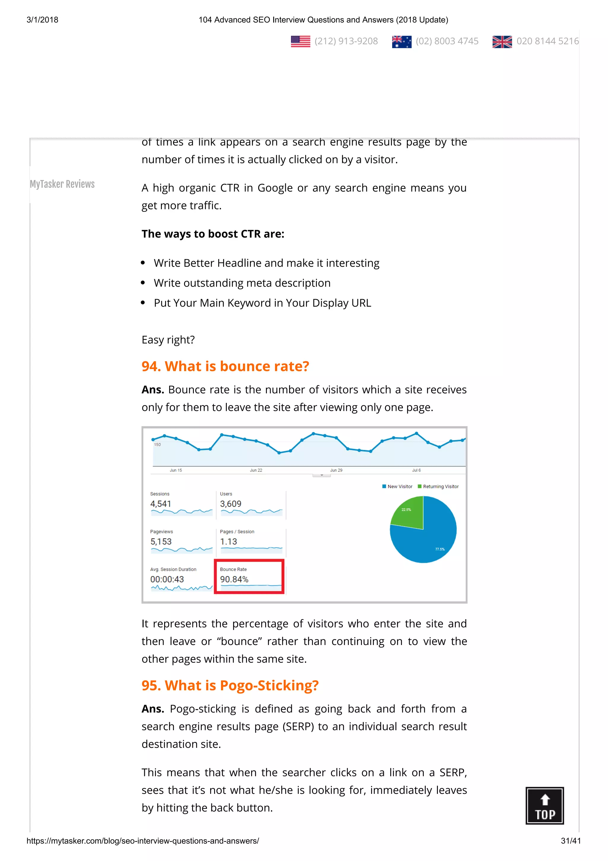 3/1/2018 104 Advanced SEO Interview Questions and Answers (2018 Update)
https://mytasker.com/blog/seo-interview-questions-and-answers/ 31/41
Ans. Duplicate content, as the name suggests, generally refers to
the substantial parts of content within or across domains that
are either identical or appreciably similar.
93. What is CTR and how to boost it?
Ans. The click through rate is measured by dividing the number
of times a link appears on a search engine results page by the
number of times it is actually clicked on by a visitor.
A high organic CTR in Google or any search engine means you
get more tra c.
The ways to boost CTR are:
Write Better Headline and make it interesting
Write outstanding meta description
Put Your Main Keyword in Your Display URL
Easy right?
94. What is bounce rate?
Ans. Bounce rate is the number of visitors which a site receives
only for them to leave the site after viewing only one page.
It represents the percentage of visitors who enter the site and
then leave or “bounce” rather than continuing on to view the
other pages within the same site.
95. What is Pogo-Sticking?
Ans. Pogo-sticking is de ned as going back and forth from a
search engine results page (SERP) to an individual search result
destination site.
This means that when the searcher clicks on a link on a SERP,
sees that it’s not what he/she is looking for, immediately leaves
by hitting the back button.
  (212) 913-9208   (02) 8003 4745   020 8144 5216
MyTasker Reviews
 