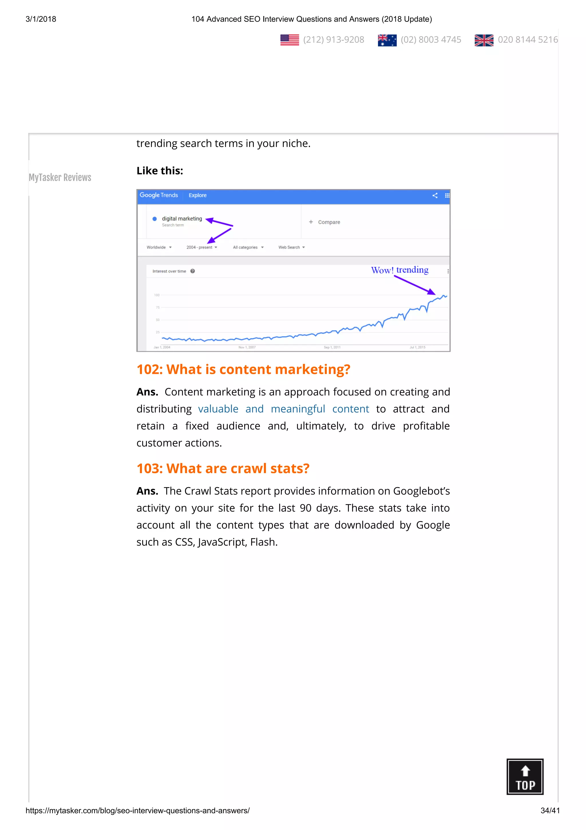 3/1/2018 104 Advanced SEO Interview Questions and Answers (2018 Update)
https://mytasker.com/blog/seo-interview-questions-and-answers/ 34/41
search, relative to the total search-volume across various regions
and languages in the world.
The Google Trends tool uses real-time search data to help you
gauge consumer search behaviors over time.
Most important of all, Google Trends shows you high-volume
trending search terms in your niche.
Like this:
102: What is content marketing?
Ans.  Content marketing is an approach focused on creating and
distributing valuable and meaningful content to attract and
retain a xed audience and, ultimately, to drive pro table
customer actions.
103: What are crawl stats?
Ans.  The Crawl Stats report provides information on Googlebot’s
activity on your site for the last 90 days. These stats take into
account all the content types that are downloaded by Google
such as CSS, JavaScript, Flash.
  (212) 913-9208   (02) 8003 4745   020 8144 5216
MyTasker Reviews
 