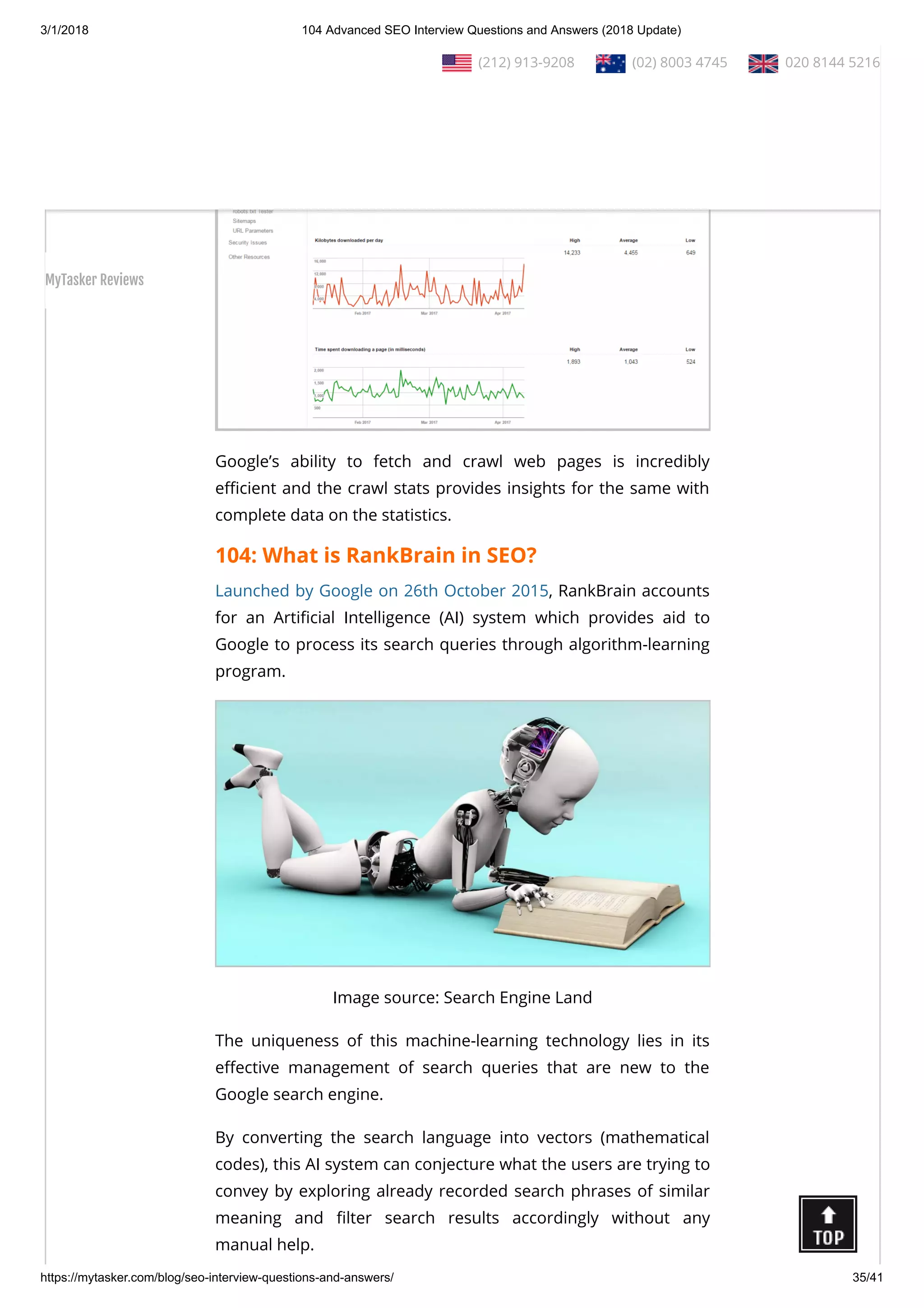 3/1/2018 104 Advanced SEO Interview Questions and Answers (2018 Update)
https://mytasker.com/blog/seo-interview-questions-and-answers/ 35/41
Google’s ability to fetch and crawl web pages is incredibly
e cient and the crawl stats provides insights for the same with
complete data on the statistics.
104: What is RankBrain in SEO?
Launched by Google on 26th October 2015, RankBrain accounts
for an Arti cial Intelligence (AI) system which provides aid to
Google to process its search queries through algorithm-learning
program.
Image source: Search Engine Land
The uniqueness of this machine-learning technology lies in its
e ective management of search queries that are new to the
Google search engine.
By converting the search language into vectors (mathematical
codes), this AI system can conjecture what the users are trying to
convey by exploring already recorded search phrases of similar
meaning and lter search results accordingly without any
manual help.
  (212) 913-9208   (02) 8003 4745   020 8144 5216
MyTasker Reviews
 