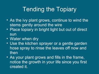 Tending the Topiary As the ivy plant grows, continue to wind the stems gently around the wire Place topiary in bright light but out of direct sun Water when dry Use the kitchen sprayer or a gentle garden hose spray to rinse the leaves off now and then As your plant grows and fills in the frame, notice the growth in your life since you first created it. 