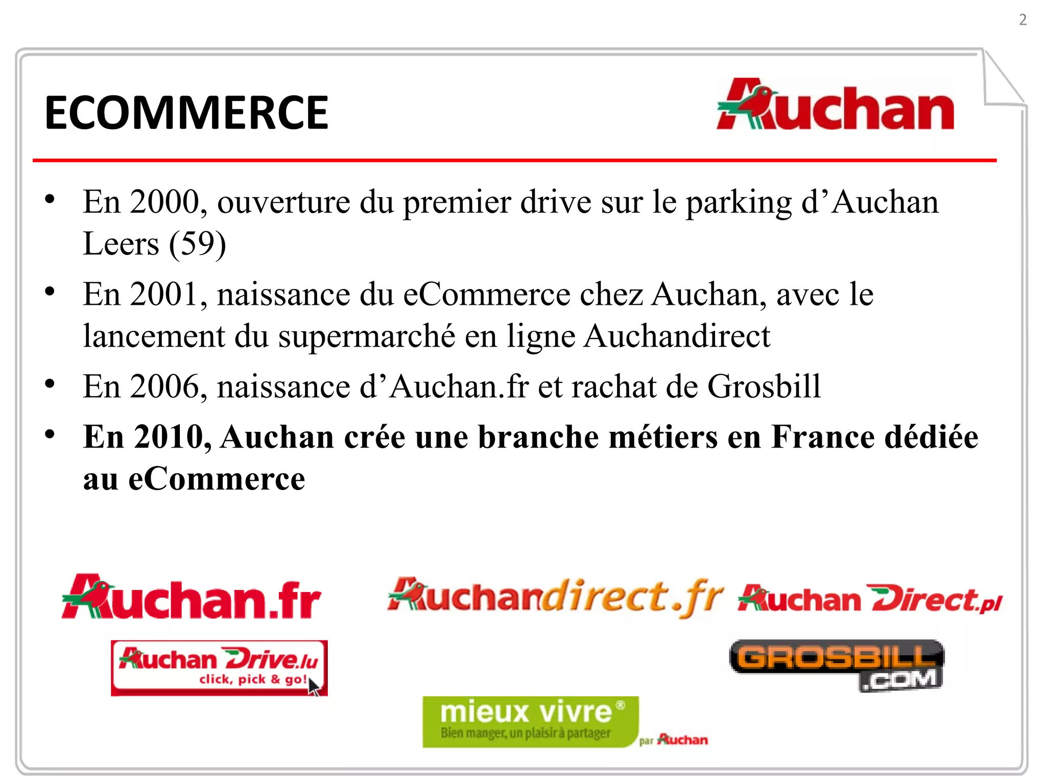 2
ECOMMERCE
• En 2000, ouverture du premier drive sur le parking d’Auchan
Leers (59)
• En 2001, naissance du eCommerce chez Auchan, avec le
lancement du supermarché en ligne Auchandirect
• En 2006, naissance d’Auchan.fr et rachat de Grosbill
• En 2010, Auchan crée une branche métiers en France dédiée
au eCommerce