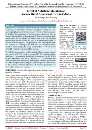 Effect of Nutrition Education on Anemic Rural Adolescent Girls in ...
