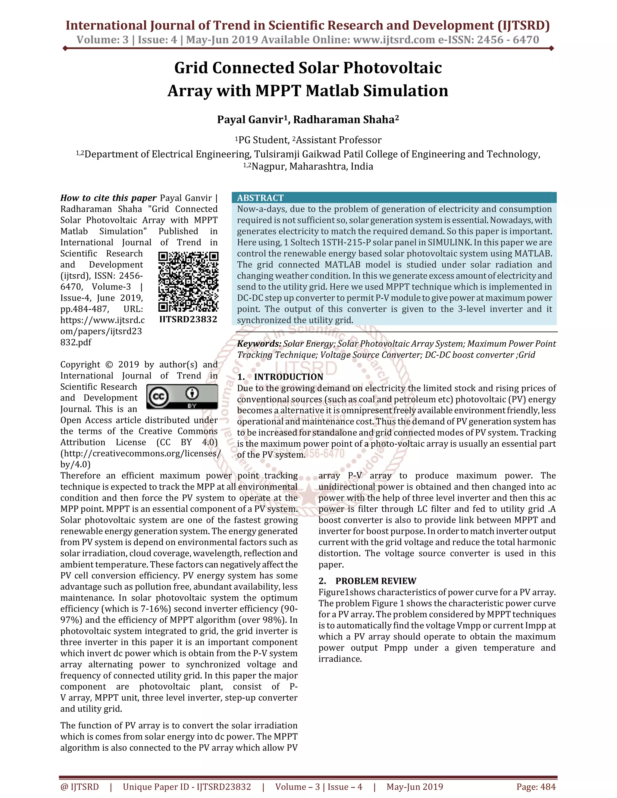 Grid Connected Solar Photovoltaic Array with MPPT Matlab Simulation | PDF