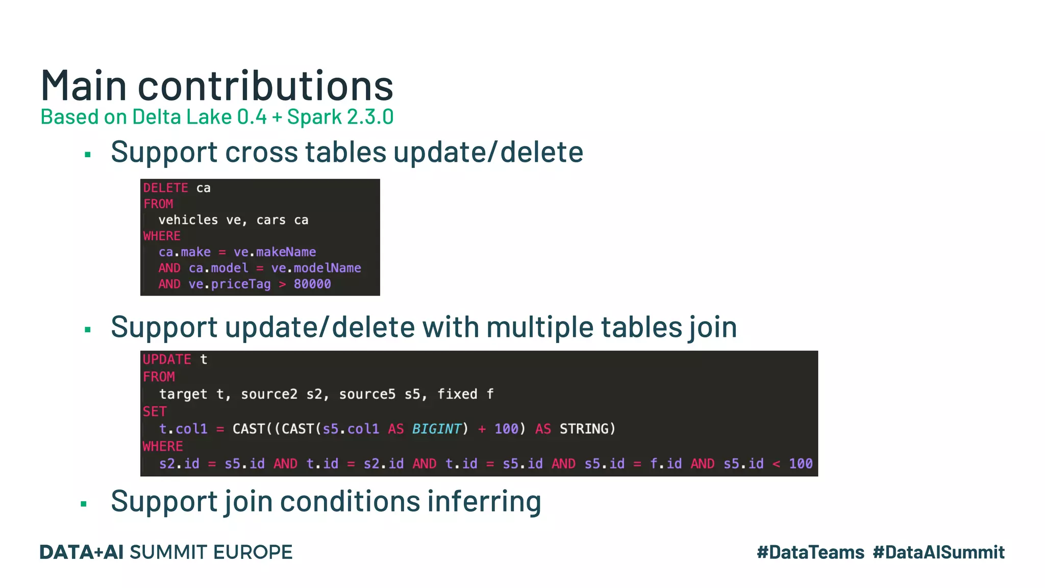 Main contributions ▪ Support cross tables update/delete ▪ Support update/delete with multiple tables join ▪ Support join conditions inferring Based on Delta Lake 0.4 + Spark 2.3.0 