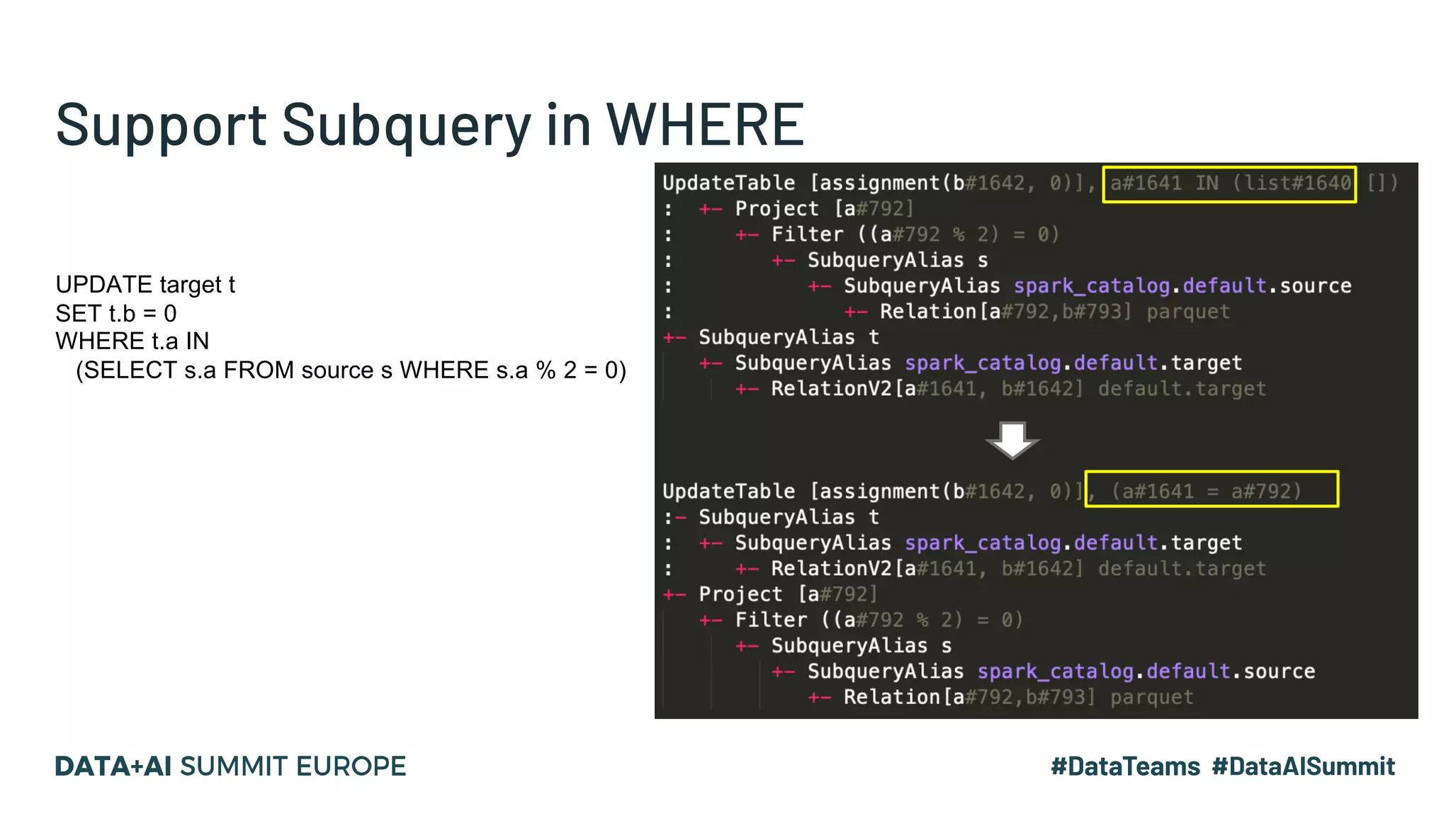 Support Subquery in WHERE UPDATE target t SET t.b = 0 WHERE t.a IN (SELECT s.a FROM source s WHERE s.a % 2 = 0) 