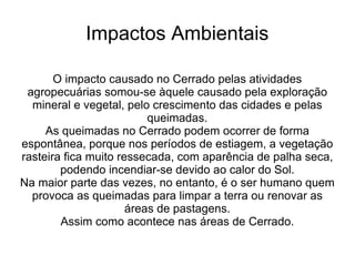Impactos Ambientais

       O impacto causado no Cerrado pelas atividades
 agropecuárias somou-se àquele causado pela exploração
  mineral e vegetal, pelo crescimento das cidades e pelas
                          queimadas.
     As queimadas no Cerrado podem ocorrer de forma
espontânea, porque nos períodos de estiagem, a vegetação
rasteira fica muito ressecada, com aparência de palha seca,
        podendo incendiar-se devido ao calor do Sol.
Na maior parte das vezes, no entanto, é o ser humano quem
  provoca as queimadas para limpar a terra ou renovar as
                      áreas de pastagens.
        Assim como acontece nas áreas de Cerrado.
 