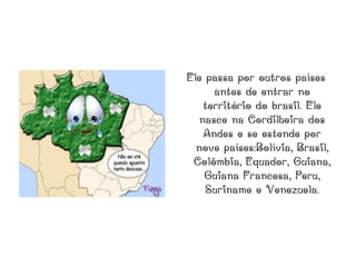 Ele passa por outros países
      antes de entrar no
    território do brasil. Ele
   nasce na Cordilheira dos
    Andes e se estende por
  nove países:Bolívia, Brasil,
 Colômbia, Equador, Guiana,
    Guiana Francesa, Peru,
    Suriname e Venezuela.
 
