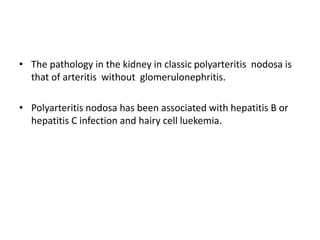 • The pathology in the kidney in classic polyarteritis nodosa is
that of arteritis without glomerulonephritis.
• Polyarteritis nodosa has been associated with hepatitis B or
hepatitis C infection and hairy cell luekemia.
 