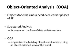 Object-Oriented Analysis (OOA)
• Object Model has influenced even earlier phases
of SE
• Structured Analysis
– focuses upon the flow of data within a system.
• OOA
– emphasizes the building of real-world models, using
an object-oriented view of the world.
 