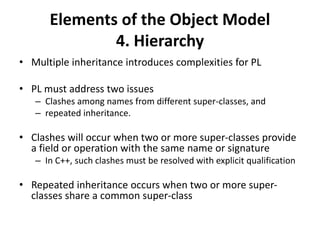 Elements of the Object Model
4. Hierarchy
• Multiple inheritance introduces complexities for PL
• PL must address two issues
– Clashes among names from different super-classes, and
– repeated inheritance.
• Clashes will occur when two or more super-classes provide
a field or operation with the same name or signature
– In C++, such clashes must be resolved with explicit qualification
• Repeated inheritance occurs when two or more super-
classes share a common super-class
 