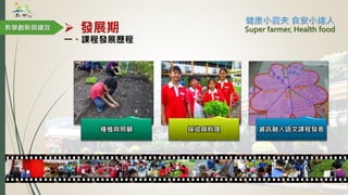 種植與照顧 採收與料理 資訊融入語文課程發表
教學創新與績效  發展期
一、課程發展歷程
Super farmer, Health food
 