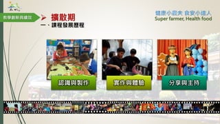 認識與製作 實作與體驗 分享與主持
教學創新與績效  擴散期
一、課程發展歷程
Super farmer, Health food
 