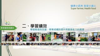 二、學習績效
學習態度的改變，學業成績的提升與創意能力的展現
教學創新與績效
Super farmer, Health food
 