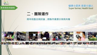 跨年段整合與討論；跨縣市資源分享與共備
Super farmer, Health food教育理念與過程
二、團隊運作
 