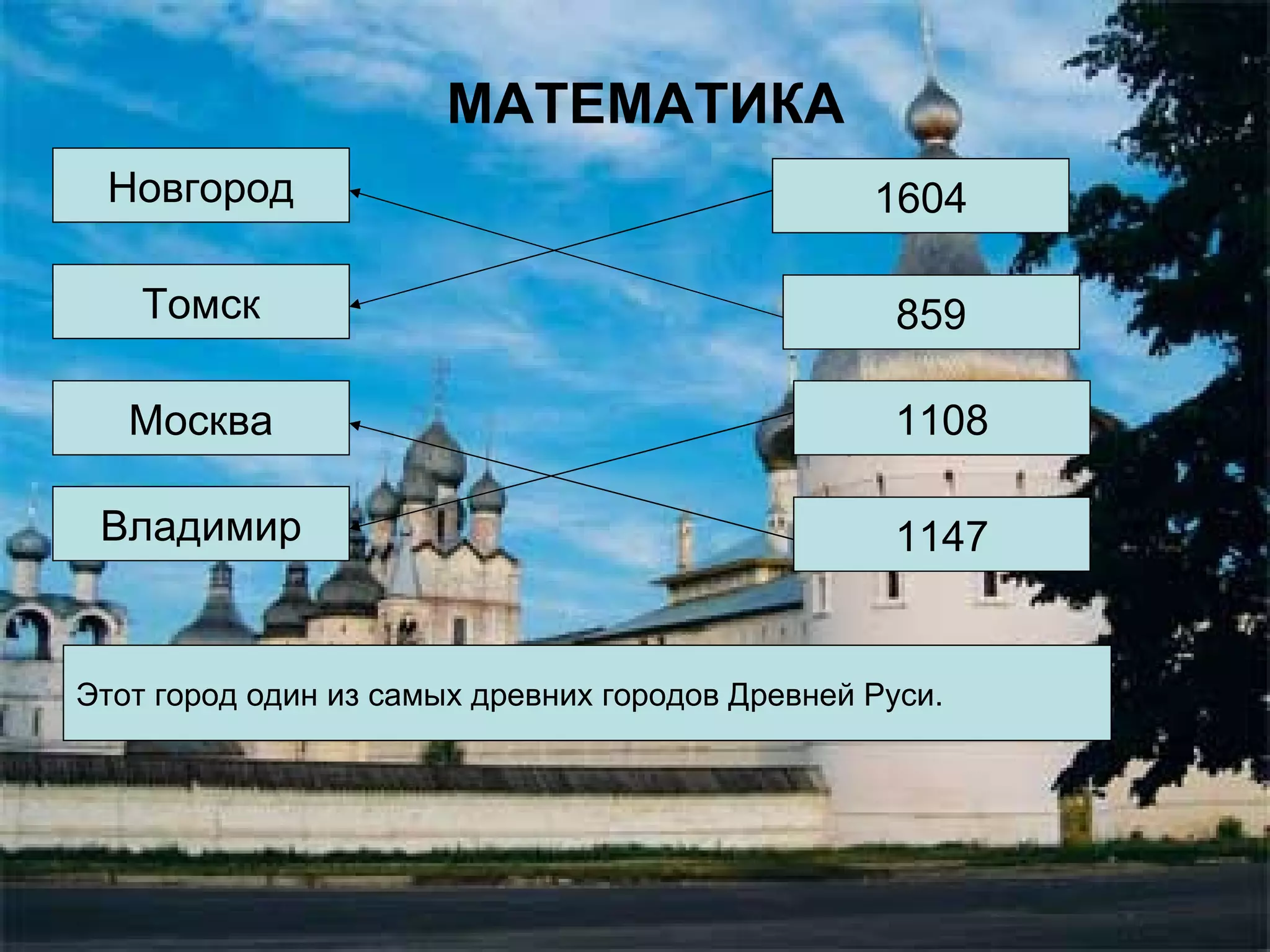 МАТЕМАТИКА
 Новгород                                      1604

   Томск                                         859

   Москва                                        1108

 Владимир                                        1147


1. Прочитай названия городов.
Этот город был построен на молодой?
Сумма цифр городов самый457 лет раньше, чем город Томск.
Какой из этихэтого числа равна 11. городов Древней Руси.
           один из самых древних
   Что из истории этих городов тебе известно?
 