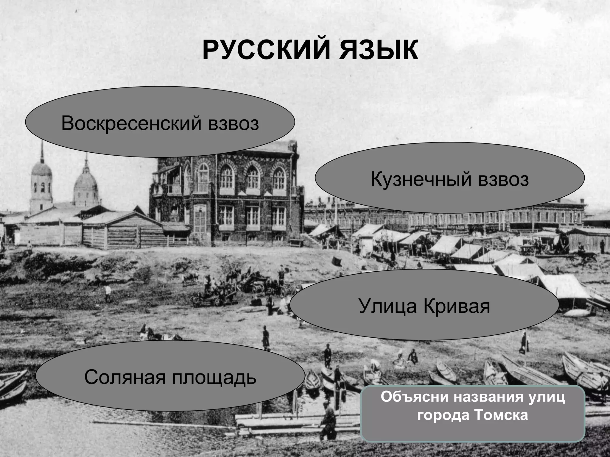 РУССКИЙ ЯЗЫК

Воскресенский взвоз

                       Кузнечный взвоз




                      Улица Кривая


  Соляная площадь
                        Объясни названия улиц
                           города Томска
 