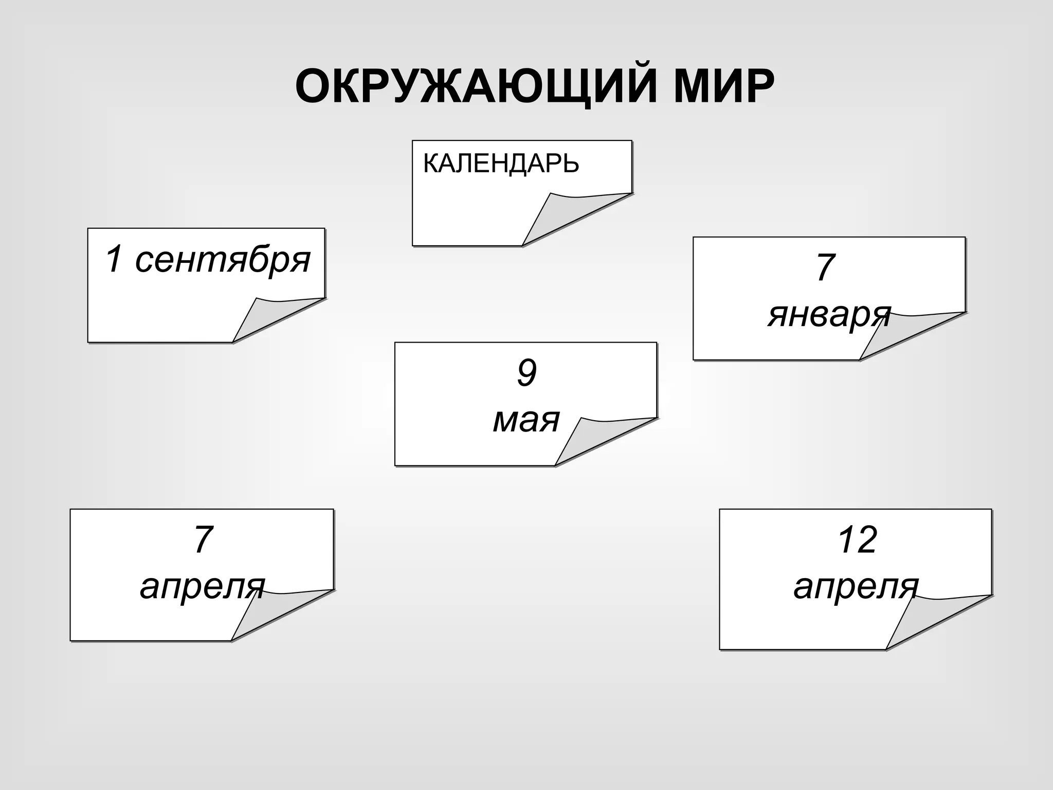 ОКРУЖАЮЩИЙ МИР
             КАЛЕНДАРЬ


1 сентября                 7
                         января
                 9
                мая


   7                         12
 апреля                    апреля
 