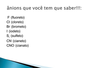 F- (fluoreto)
Cl- (cloreto)
Br- (brometo)
I- (iodeto)
S2- (sulfeto)
CN- (cianeto)
CNO- (cianato)
 