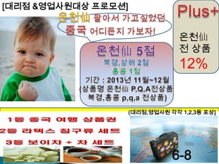 [대리점 &영업사원대상 프로모션]

온천仙
전 상품

12%

(대리점,영업사원 각각 1,2,3등 포상]

6-8

 