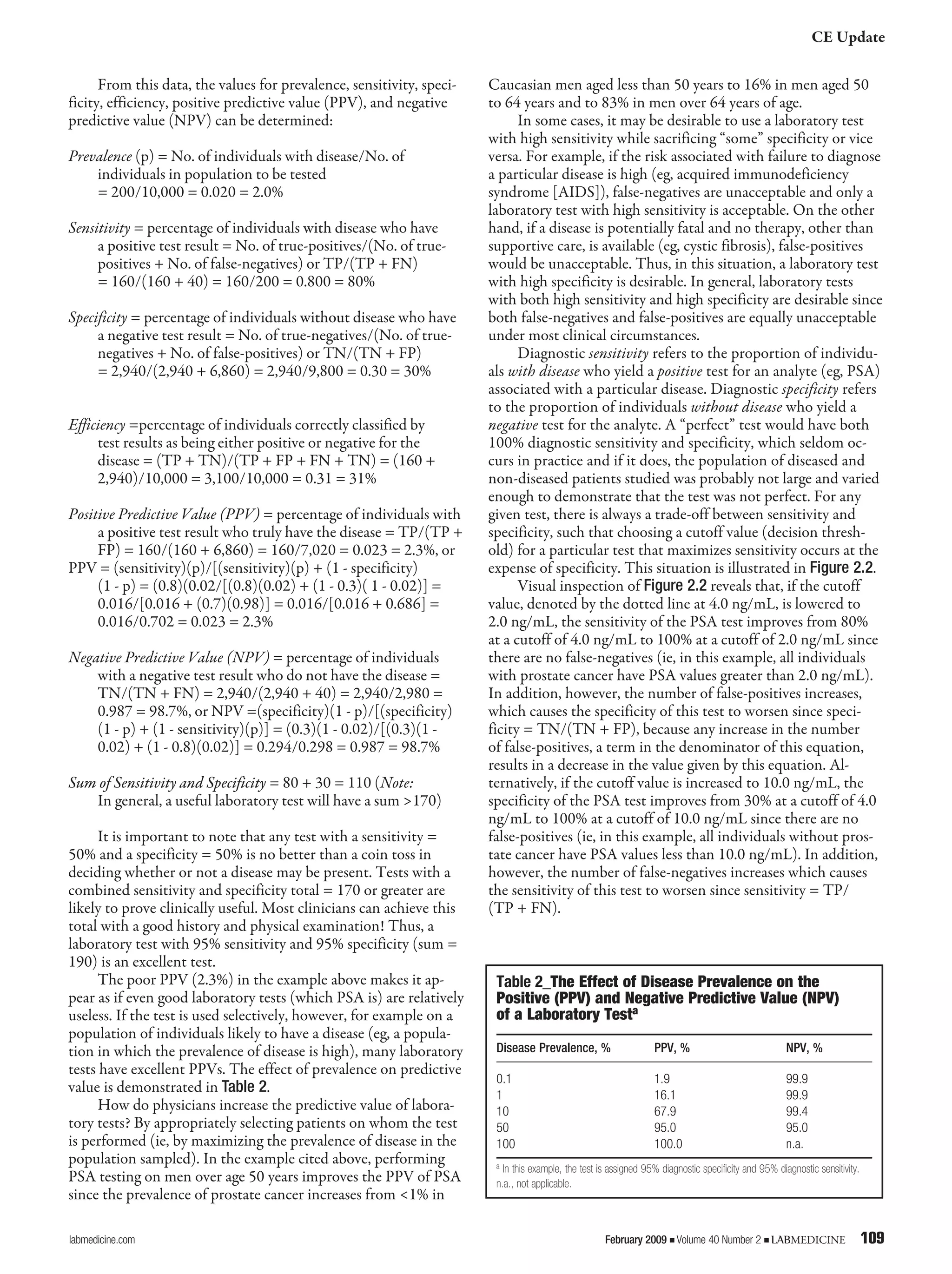 CE Update
labmedicine.com	 February 2009 j Volume 40 Number 2 j LABMEDICINE	 109
From this data, the values for prevalence, sensitivity, speci-
ficity, efficiency, positive predictive value (PPV), and negative
predictive value (NPV) can be determined:
Prevalence (p) = No. of individuals with disease/No. of
individuals in population to be tested
		 = 200/10,000 = 0.020 = 2.0%
Sensitivity = percentage of individuals with disease who have
a positive test result = No. of true-positives/(No. of true-
positives + No. of false-negatives) or TP/(TP + FN)
= 160/(160 + 40) = 160/200 = 0.800 = 80%
Specificity = percentage of individuals without disease who have
a negative test result = No. of true-negatives/(No. of true-
negatives + No. of false-positives) or TN/(TN + FP)
= 2,940/(2,940 + 6,860) = 2,940/9,800 = 0.30 = 30%
Efficiency =percentage of individuals correctly classified by
test results as being either positive or negative for the
disease = (TP + TN)/(TP + FP + FN + TN) = (160 +
2,940)/10,000 = 3,100/10,000 = 0.31 = 31%
Positive Predictive Value (PPV) = percentage of individuals with
a positive test result who truly have the disease = TP/(TP +
FP) = 160/(160 + 6,860) = 160/7,020 = 0.023 = 2.3%, or
PPV = (sensitivity)(p)/[(sensitivity)(p) + (1 - specificity)
(1 - p) = (0.8)(0.02/[(0.8)(0.02) + (1 - 0.3)( 1 - 0.02)] =
0.016/[0.016 + (0.7)(0.98)] = 0.016/[0.016 + 0.686] =
0.016/0.702 = 0.023 = 2.3%
Negative Predictive Value (NPV) = percentage of individuals
with a negative test result who do not have the disease =
TN/(TN + FN) = 2,940/(2,940 + 40) = 2,940/2,980 =
0.987 = 98.7%, or NPV =(specificity)(1 - p)/[(specificity)
(1 - p) + (1 - sensitivity)(p)] = (0.3)(1 - 0.02)/[(0.3)(1 -
0.02) + (1 - 0.8)(0.02)] = 0.294/0.298 = 0.987 = 98.7%
Sum of Sensitivity and Specificity = 80 + 30 = 110 (Note:
In general, a useful laboratory test will have a sum >170)
It is important to note that any test with a sensitivity =
50% and a specificity = 50% is no better than a coin toss in
deciding whether or not a disease may be present. Tests with a
combined sensitivity and specificity total = 170 or greater are
likely to prove clinically useful. Most clinicians can achieve this
total with a good history and physical examination! Thus, a
laboratory test with 95% sensitivity and 95% specificity (sum =
190) is an excellent test.
The poor PPV (2.3%) in the example above makes it ap-
pear as if even good laboratory tests (which PSA is) are relatively
useless. If the test is used selectively, however, for example on a
population of individuals likely to have a disease (eg, a popula-
tion in which the prevalence of disease is high), many laboratory
tests have excellent PPVs. The effect of prevalence on predictive
value is demonstrated in Table 2.
How do physicians increase the predictive value of labora-
tory tests? By appropriately selecting patients on whom the test
is performed (ie, by maximizing the prevalence of disease in the
population sampled). In the example cited above, performing
PSA testing on men over age 50 years improves the PPV of PSA
since the prevalence of prostate cancer increases from <1% in
Caucasian men aged less than 50 years to 16% in men aged 50
to 64 years and to 83% in men over 64 years of age.
In some cases, it may be desirable to use a laboratory test
with high sensitivity while sacrificing “some” specificity or vice
versa. For example, if the risk associated with failure to diagnose
a particular disease is high (eg, acquired immunodeficiency
syndrome [AIDS]), false-negatives are unacceptable and only a
laboratory test with high sensitivity is acceptable. On the other
hand, if a disease is potentially fatal and no therapy, other than
supportive care, is available (eg, cystic fibrosis), false-positives
would be unacceptable. Thus, in this situation, a laboratory test
with high specificity is desirable. In general, laboratory tests
with both high sensitivity and high specificity are desirable since
both false-negatives and false-positives are equally unacceptable
under most clinical circumstances.
Diagnostic sensitivity refers to the proportion of individu-
als with disease who yield a positive test for an analyte (eg, PSA)
associated with a particular disease. Diagnostic specificity refers
to the proportion of individuals without disease who yield a
negative test for the analyte. A “perfect” test would have both
100% diagnostic sensitivity and specificity, which seldom oc-
curs in practice and if it does, the population of diseased and
non-diseased patients studied was probably not large and varied
enough to demonstrate that the test was not perfect. For any
given test, there is always a trade-off between sensitivity and
specificity, such that choosing a cutoff value (decision thresh-
old) for a particular test that maximizes sensitivity occurs at the
expense of specificity. This situation is illustrated in Figure 2.2.
Visual inspection of Figure 2.2 reveals that, if the cutoff
value, denoted by the dotted line at 4.0 ng/mL, is lowered to
2.0 ng/mL, the sensitivity of the PSA test improves from 80%
at a cutoff of 4.0 ng/mL to 100% at a cutoff of 2.0 ng/mL since
there are no false-negatives (ie, in this example, all individuals
with prostate cancer have PSA values greater than 2.0 ng/mL).
In addition, however, the number of false-positives increases,
which causes the specificity of this test to worsen since speci-
ficity = TN/(TN + FP), because any increase in the number
of false-positives, a term in the denominator of this equation,
results in a decrease in the value given by this equation. Al-
ternatively, if the cutoff value is increased to 10.0 ng/mL, the
specificity of the PSA test improves from 30% at a cutoff of 4.0
ng/mL to 100% at a cutoff of 10.0 ng/mL since there are no
false-positives (ie, in this example, all individuals without pros-
tate cancer have PSA values less than 10.0 ng/mL). In addition,
however, the number of false-negatives increases which causes
the sensitivity of this test to worsen since sensitivity = TP/
(TP + FN).
Table 2_The Effect of Disease Prevalence on the
Positive (PPV) and Negative Predictive Value (NPV)
of a Laboratory Testa	
Disease Prevalence, %	 PPV, %	 NPV, %	
0.1	 1.9	 99.9	
1	 16.1	 99.9	
10	 67.9	 99.4	
50	 95.0	 95.0	
100	 100.0	 n.a.	
a In this example, the test is assigned 95% diagnostic specificity and 95% diagnostic sensitivity.
n.a., not applicable.
 