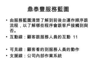 鼎泰豐服務藍圖
• 由服務藍圖清楚了解到前後台運作順序跟
流程，以了解哪些程序會跟客戶接觸到與
否。
• 互動線：顧客跟服務人員的互動 11
• 可見線：顧客看的到服務人員的動作
• 支援線：公司內部作業系統
 