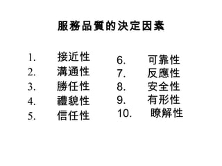 服務品質的決定因素
1. 接近性
2. 溝通性
3. 勝任性
4. 禮貌性
5. 信任性
6. 可靠性
7. 反應性
8. 安全性
9. 有形性
10. 瞭解性
 