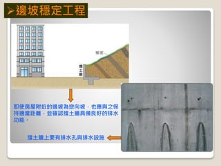 即使房屋附近的邊坡為逆向坡，也應與之保
持適當距離，並確認擋土牆具備良好的排水
功能。
擋土牆上要有排水孔與排水設施
邊坡穩定工程
 