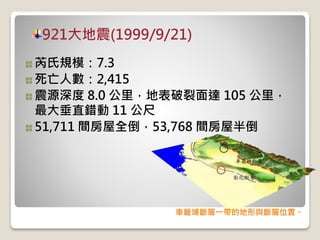 921大地震(1999/9/21)
芮氏規模：7.3
死亡人數：2,415
震源深度 8.0 公里，地表破裂面達 105 公里，
最大垂直錯動 11 公尺
51,711 間房屋全倒，53,768 間房屋半倒
車籠埔斷層一帶的地形與斷層位置。
 