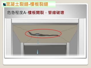 混凝土裂縫-樓板裂縫
危急程度A-樓板開裂，管線破壞
 