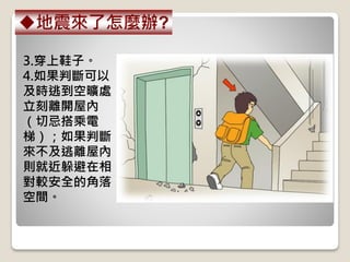 3.穿上鞋子。
4.如果判斷可以
及時逃到空曠處，
立刻離開屋內
（切忌搭乘電
梯）；如果判斷
來不及逃離屋內，
則就近躲避在相
對較安全的角落
空間。
地震來了怎麼辦?
 