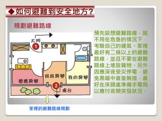 預先設想避難路線，就
不用在危急的情況下，
考驗自己的運氣。家裡
最好有二條以上的避難
路線，並且不要在避難
路線上堆放雜物。另外，
因應深夜受災停電，避
免黑暗中倉皇無措，最
好在床頭處準備手電筒，
以應付夜間突發狀況。
規劃避難路線
家裡的避難路線規劃
如何避難到安全地方?
 